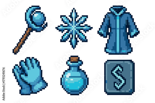 Set of six pixel art icons featuring a magical staff, ice star, blue robe, gloves, potion bottle, and rune block, representing fantasy game elements.