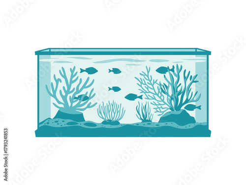 A clean aquarium teeming with small fish and vibrant coral formations.