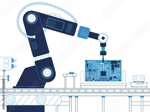 A robotic arm precisely places an electronic circuit board on a conveyor belt in a factory.