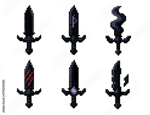 Six black pixelated swords with unique designs, including patterns, smoke effects, and runes, displayed in two rows on a white background.