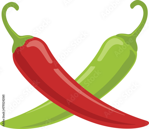 Two crossed chili peppers, red and green, Flat food symbol vector illustration