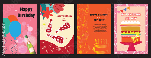 Colorful Birthday Poster and Card Set with Balloons, Cake, Party Hats, and Champagne Bottle — Festive Vector Design for Celebration Invitations and Greeting Cards