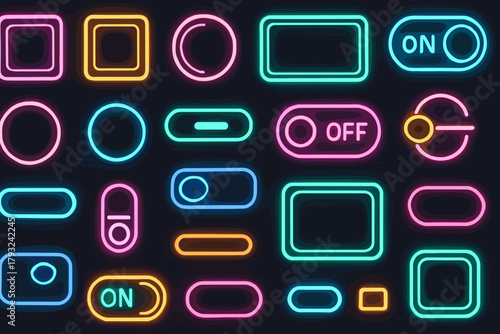 Neon UI switch and button icons seamless pattern on dark