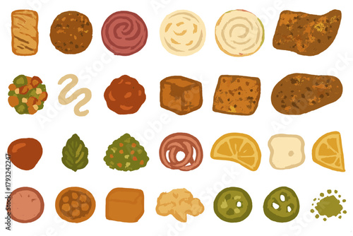 Rustic deli meat, cheese, and vegetable icon set in earthy tones