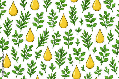 Seamless herbal pattern with green leaves and oil drops