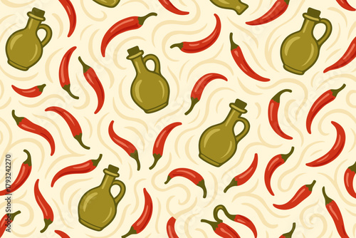 Seamless pattern with chili peppers and olive oil bottles