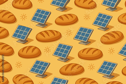 Seamless pattern with bread, solar panels, and sun icons