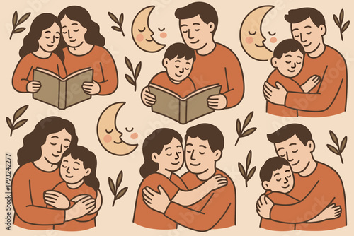 Seamless bedtime family illustration with hugs and reading