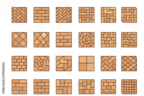 Tile and brick pattern icon set on terracotta background