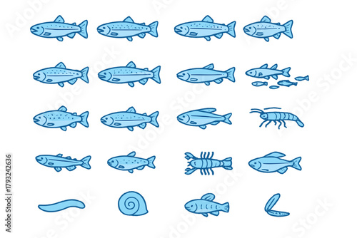 Aquatic species and freshwater fish icon collection on blue gradient background
