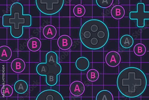 Seamless neon pattern with game controller buttons and grid