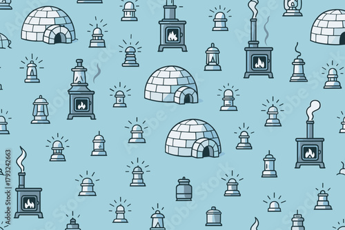 Seamless pattern with igloos, stoves, and winter lanterns