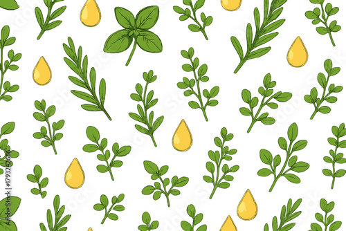 Seamless pattern of herbs and glowing essential oil drops