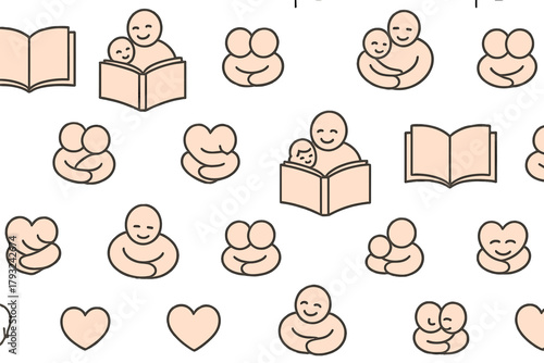 Seamless pattern with family, heart, and book icons on peach background