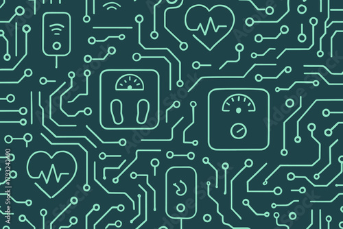 Seamless pattern of smart medical devices and circuit board elements on dark background