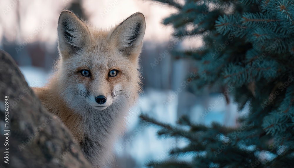 Fototapeta premium Wildlife portrait captures alert wild canine peeking from behind natural elements in cool weather