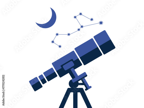 A telescope aims towards the moon and constellations in the night sky.
