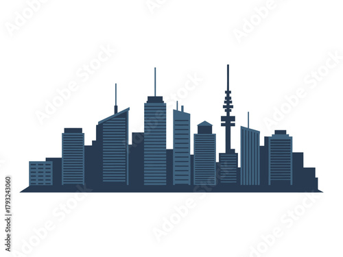 A stylized cityscape silhouette features modern buildings against a white background.