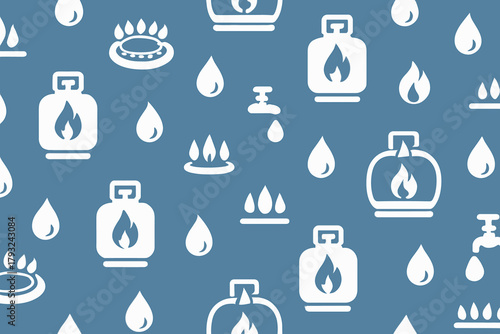 Seamless pattern with gas cylinders, burners, and water drops