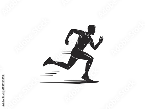 Silhouette of a runner in motion against a white background.