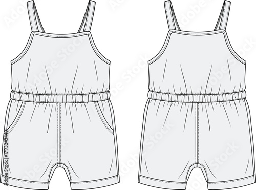 Girls romper technical flat sketch, sleeveless jumpsuit design, casual summer outfit front and back view, fashion apparel template illustration