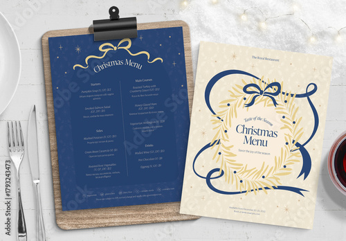Christmas Menu Template for Festive Dinner Menus in Blue & Gold Hues