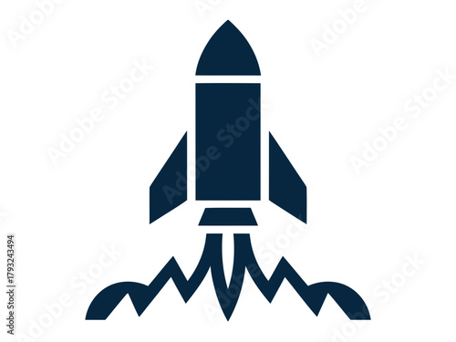 A stylized dark blue rocket ship launches with stylized flame exhaust.