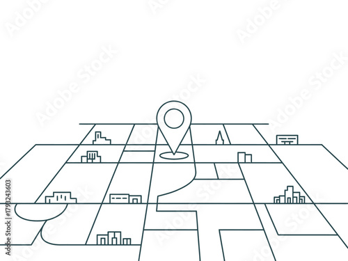 A stylized map with a prominent location pin points to a destination on the street grid.