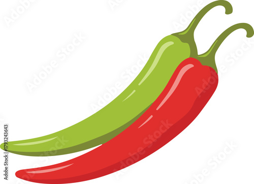 Two parallel chili peppers, one red and one green, Flat food symbol vector illustration