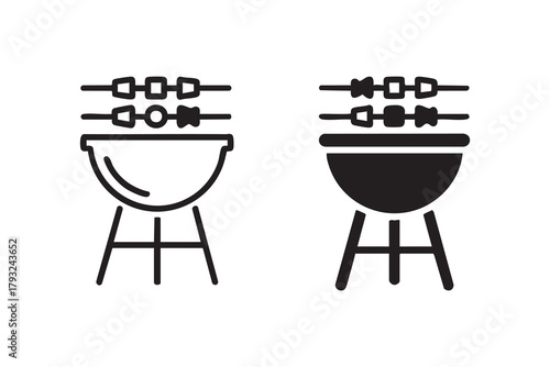 Vector BBQ grill with skewers line and solid icon pack outline different style. Symbol, logo