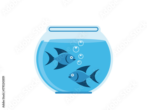 Two blue fish swim in a glass fishbowl with bubbles in clear blue water.