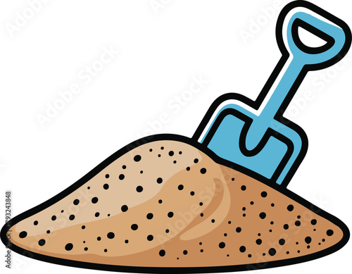 Pile of sand with a blue toy shovel stuck in it, Cartoon playful line art vector illustration
