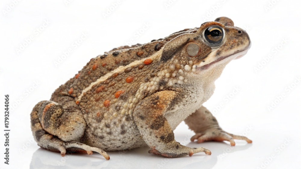 Fototapeta premium Macro studio portrait of an Oak Toad (Anaxyrus quercicus) with a distinctive dorsal stripe, isolated on white.