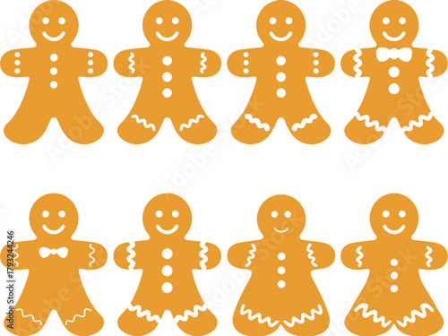 A collection of eight gingerbread cookies in various poses against a white background.