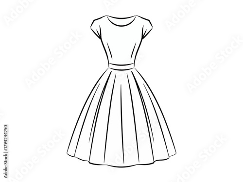 A simple line drawing of a classic vintage dress with a full skirt.