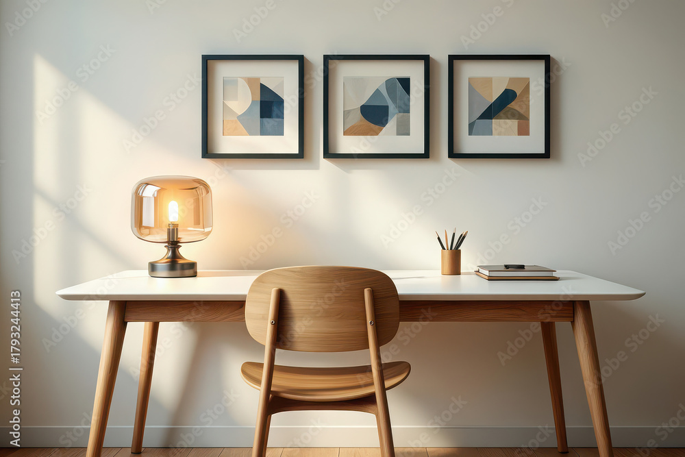 Fototapeta premium Modern minimalist home office setup with desk, chair, lamp, and abstract wall art