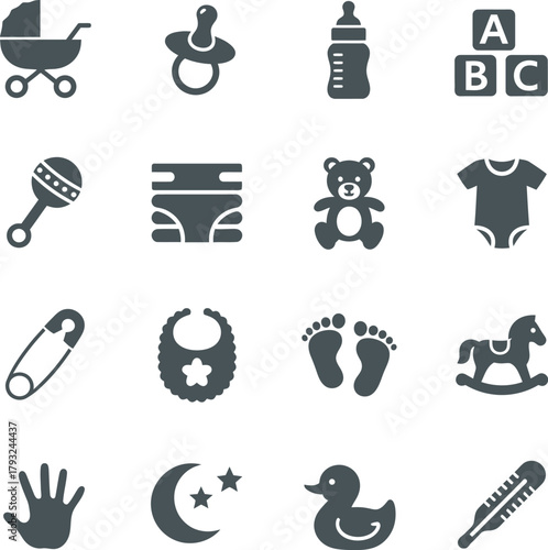 Nurturing Essentials: An array of baby essentials, from a stroller and pacifier to baby blocks and tiny footprints, forming a harmonious illustration.
