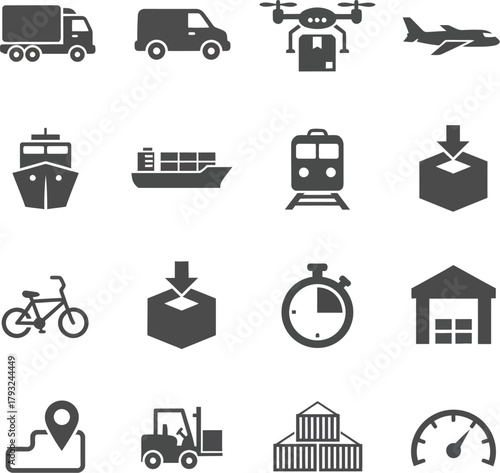 Efficient Logistics Icons: A collection of various transport icons symbolizes diverse methods for delivering packages across land, air, and sea, showcasing the versatility of modern logistics.
