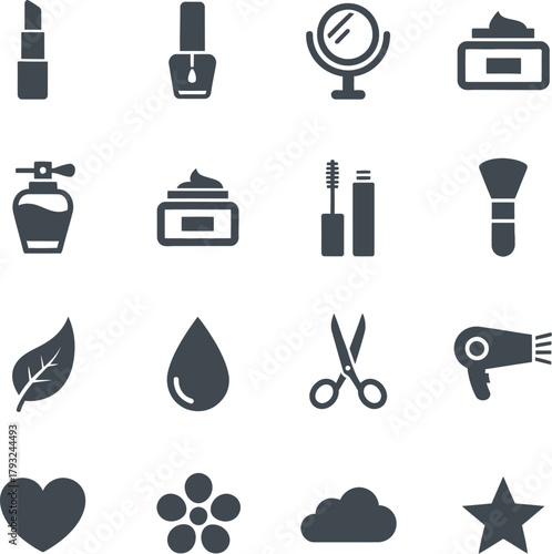 Cosmetic Beauty Collection: A carefully curated array of cosmetic essentials including lipstick, nail polish, mirror, face cream, perfume, eye mascara, makeup brush, leaf, water drop, scissors.