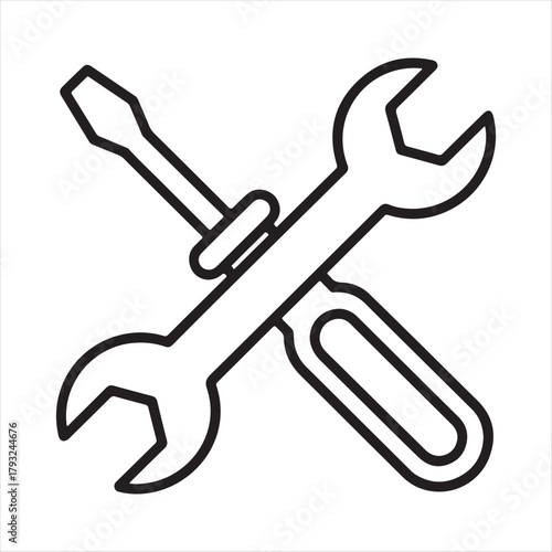 Simple line art icon of a crossed wrench and screwdriver representing tools and repair services