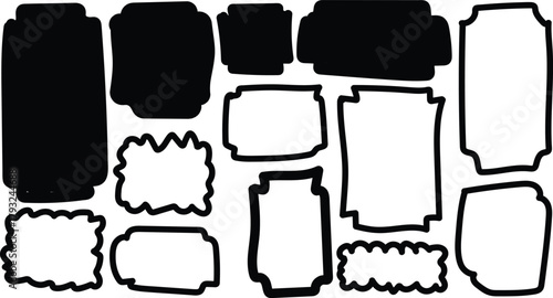 Collection of diverse hand drawn irregular shapes and frames in black and white