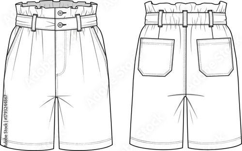 Paper bag shorts flat sketch, high waist belt shorts design, fashion technical drawing, vector clothing template, stylish apparel illustration