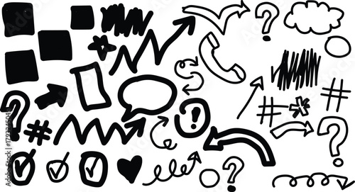 Collection of hand drawn doodle elements including arrows speech bubbles and question marks