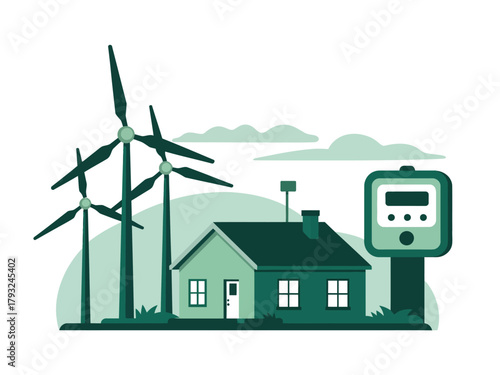 A house is powered by sustainable energy from wind turbines and a smart meter.