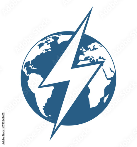 A blue lightning bolt strikes across a globe representing global power.