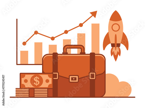 A briefcase, money, and a rocket ship symbolize business growth and success.