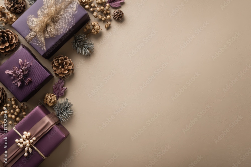 Naklejka premium Elegant purple gift boxes and festive decorations are arranged artistically on a neutral background