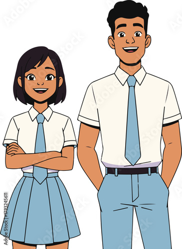 Two smiling high school students in uniform, friendly character vector illustration