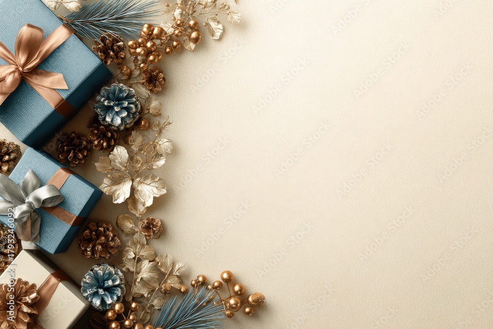 Naklejka premium Elegant holiday decorations and wrapped presents border a warm neutral background space