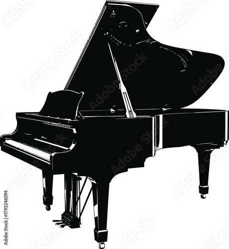 Illustration of grand piano with the lid open in black color